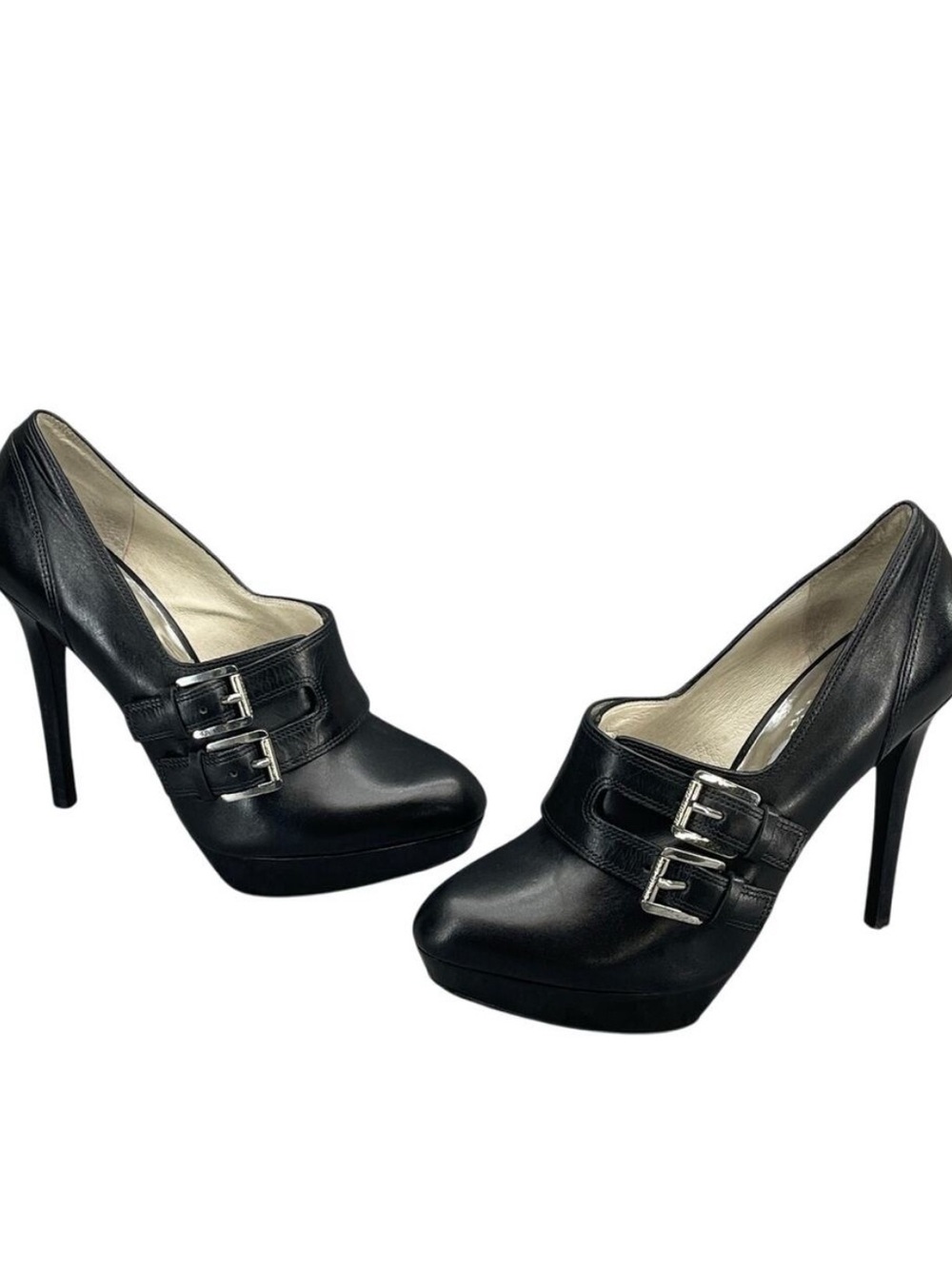 MICHAEL Michael Kors Black Leather Platform Stiletto Pumps with Double Buckles